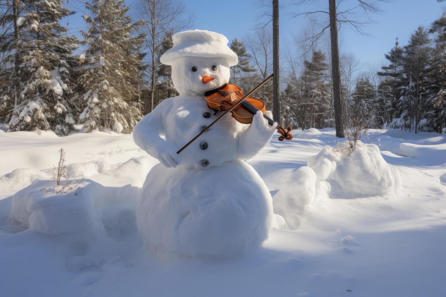 snowman playing violin in winter landscape photo