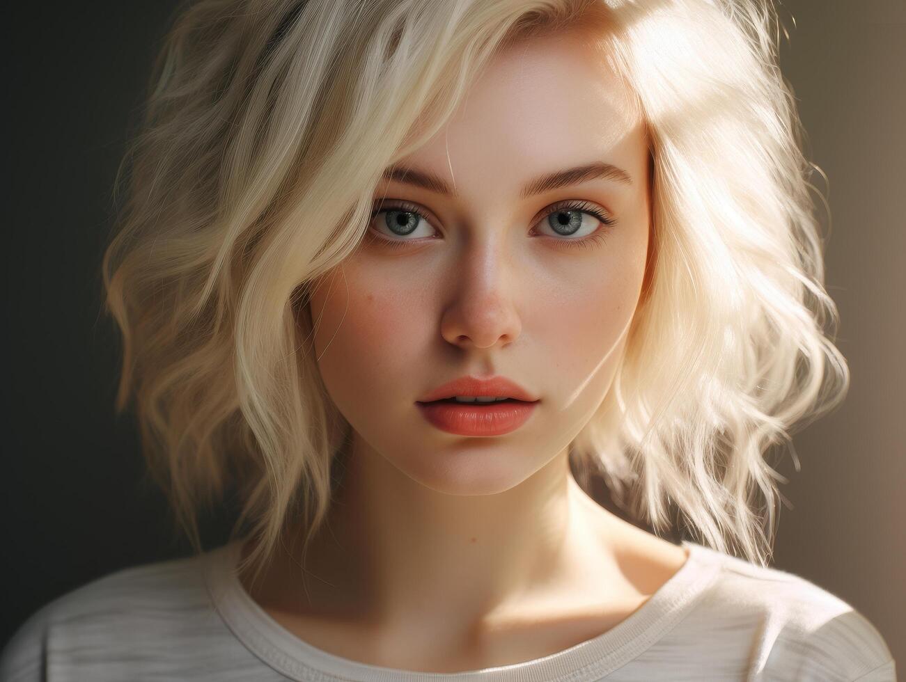 Thoughtful woman with blonde curly hair photo