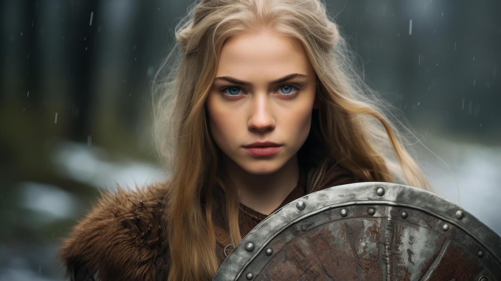 Fierce female warrior with shield in stormy weather photo