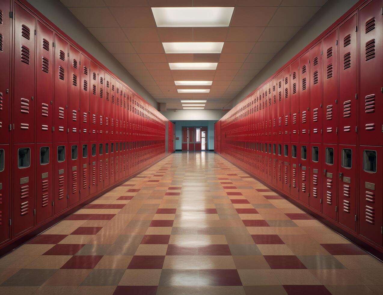 Rows of red lockers in a school hallway photo