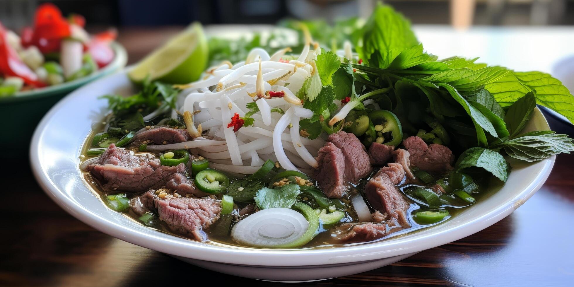 Delicious Vietnamese pho noodle soup with beef, vegetables, and herbs photo