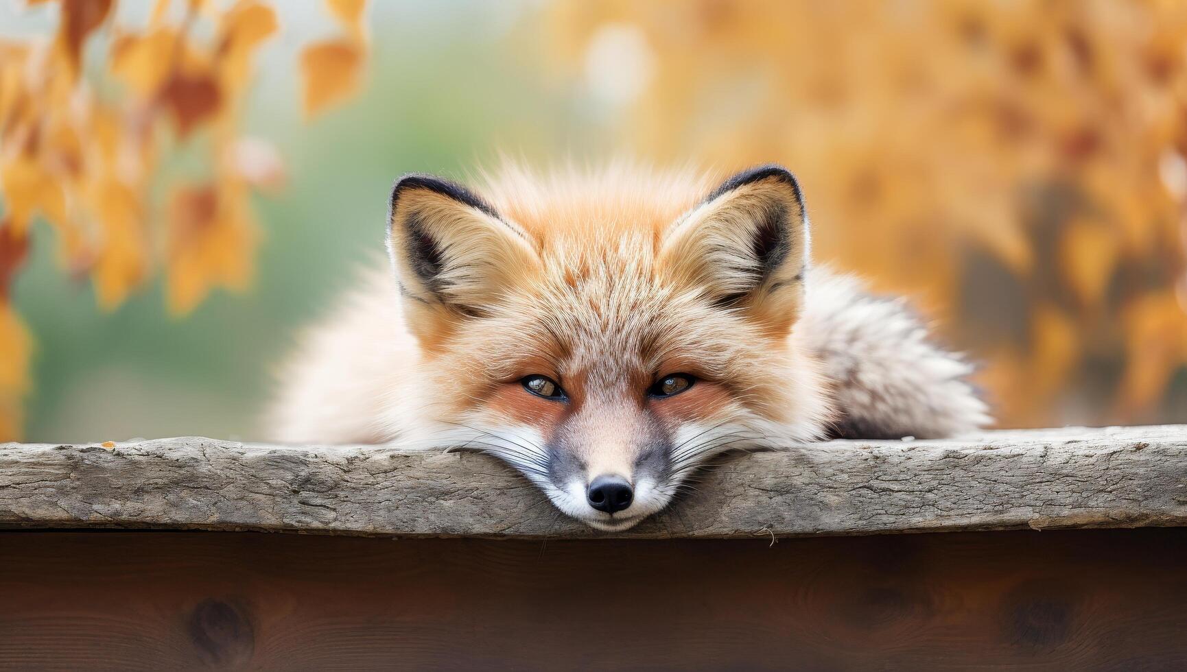 Curious fox peeking out from behind a log photo