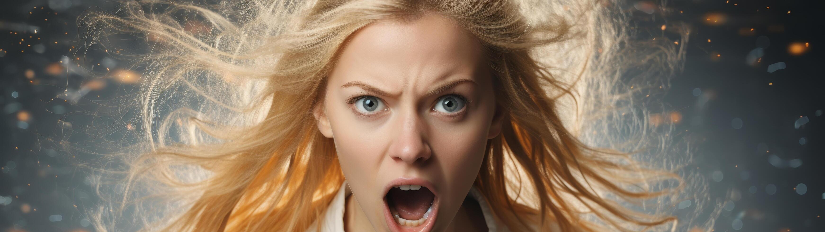 Surprised woman with windblown hair photo