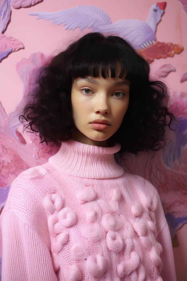 young woman in pink fuzzy sweater against pink floral background photo