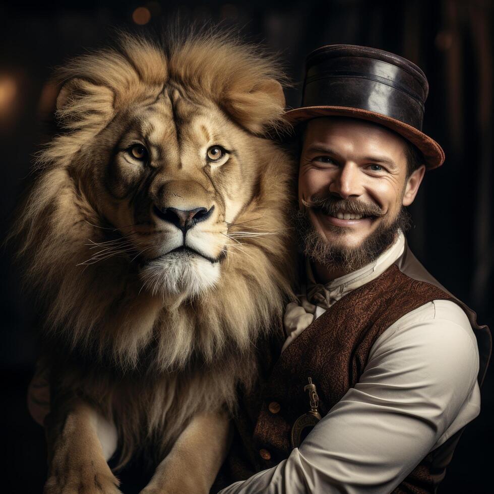 man in vintage attire posing with lion photo