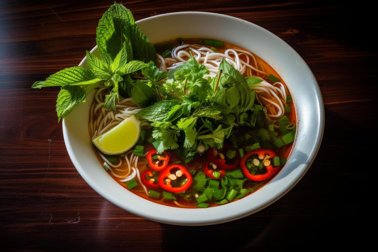 Delicious Vietnamese pho soup with fresh herbs and vegetables photo