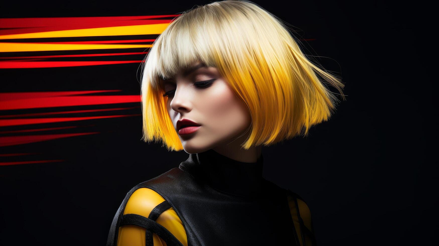Striking blonde woman with vibrant yellow hair photo