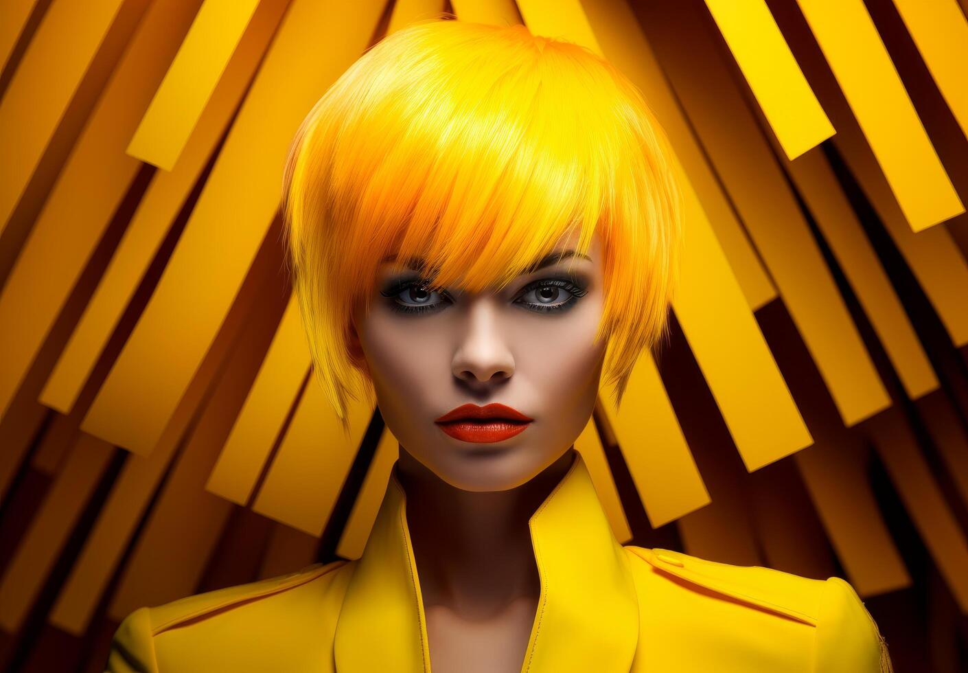 Striking blonde woman in yellow outfit photo