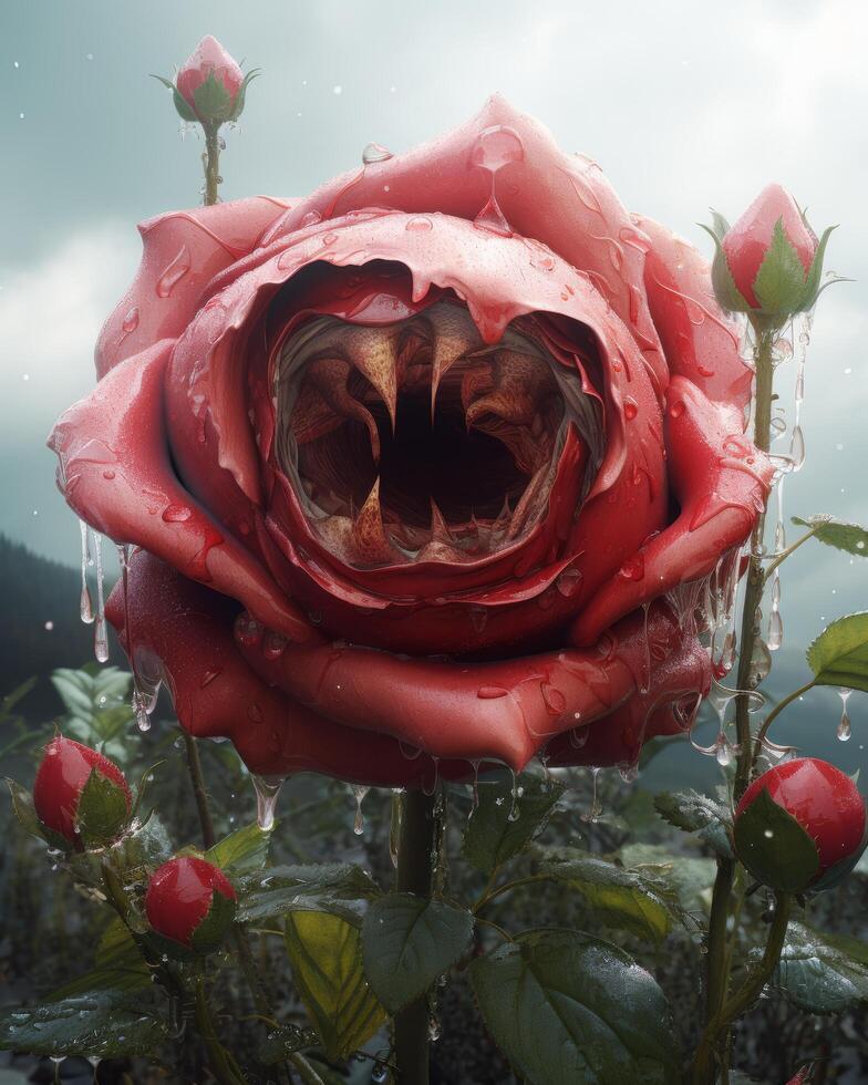 Dramatic close up of a vibrant red rose in full bloom photo