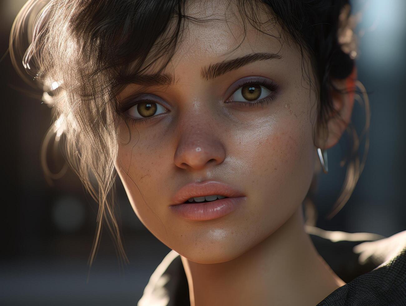 Pensive young woman with dark hair and intense gaze photo