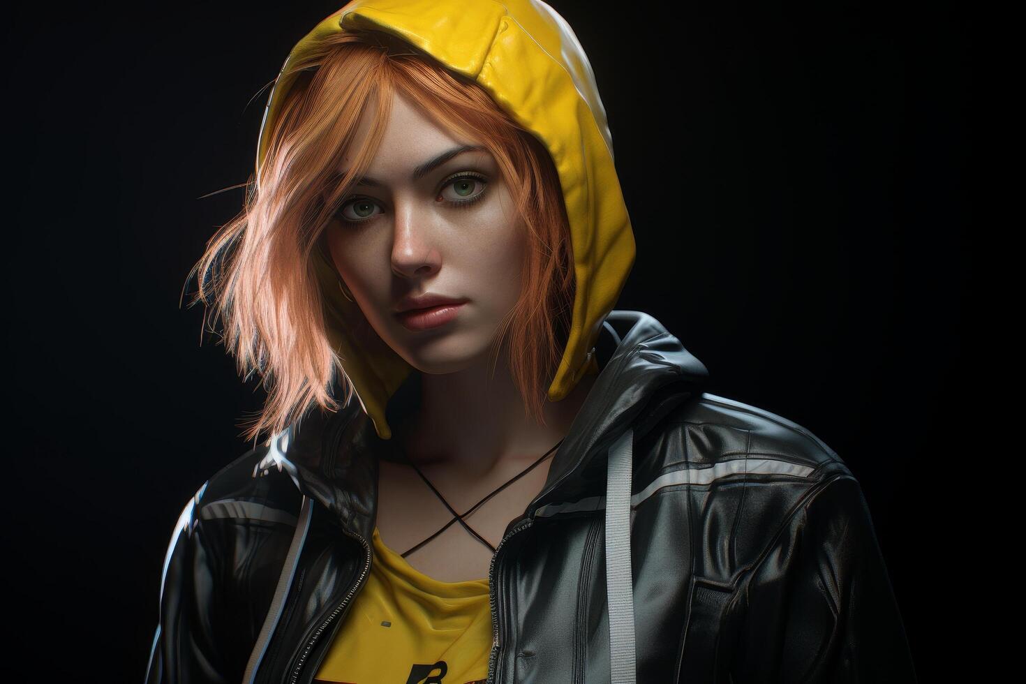 Serious young woman in yellow hoodie and black leather jacket photo