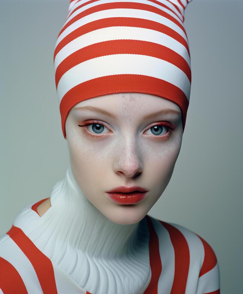 striking portrait of a person in a red and white striped hat photo