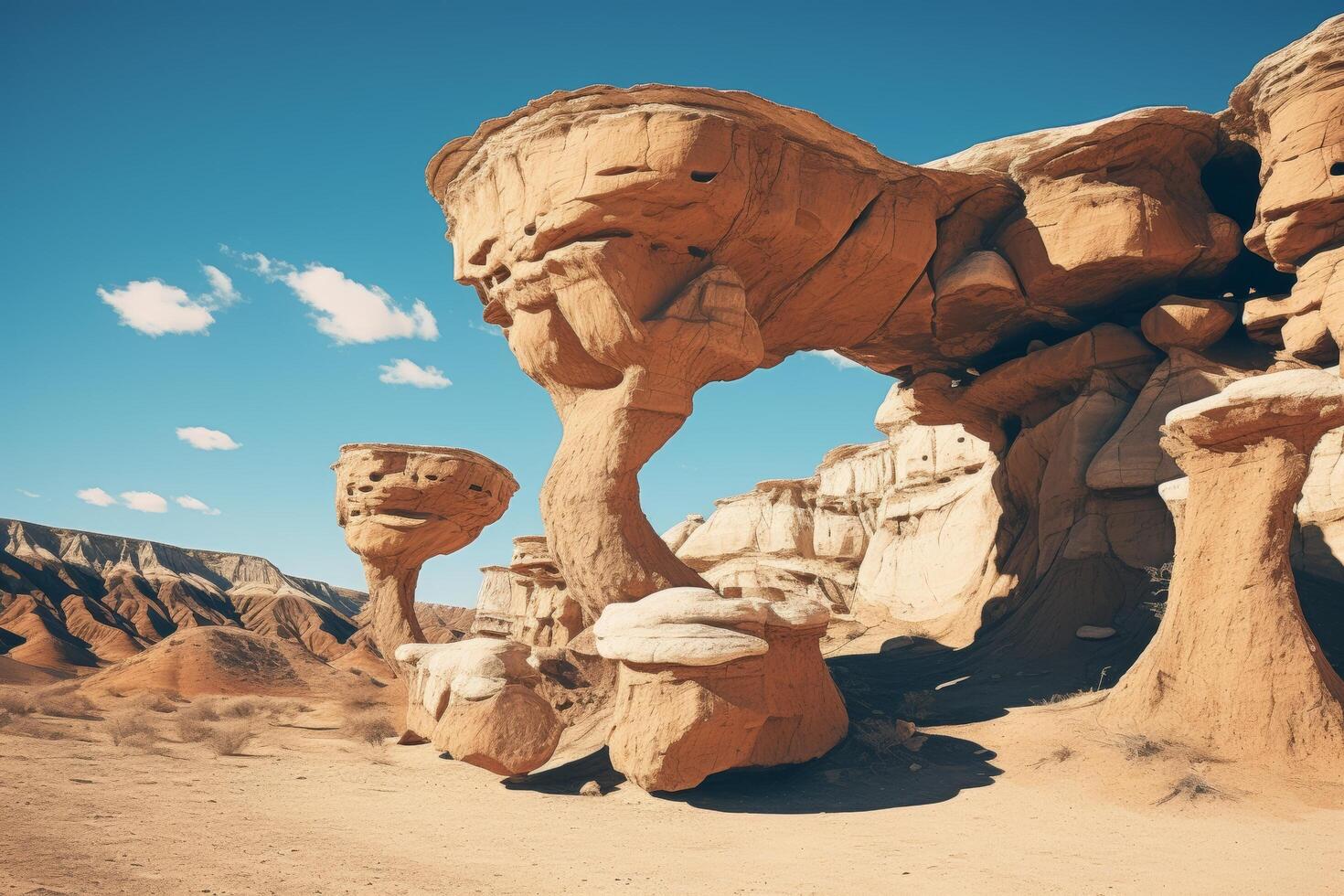 Surreal rock formations in desert landscape photo