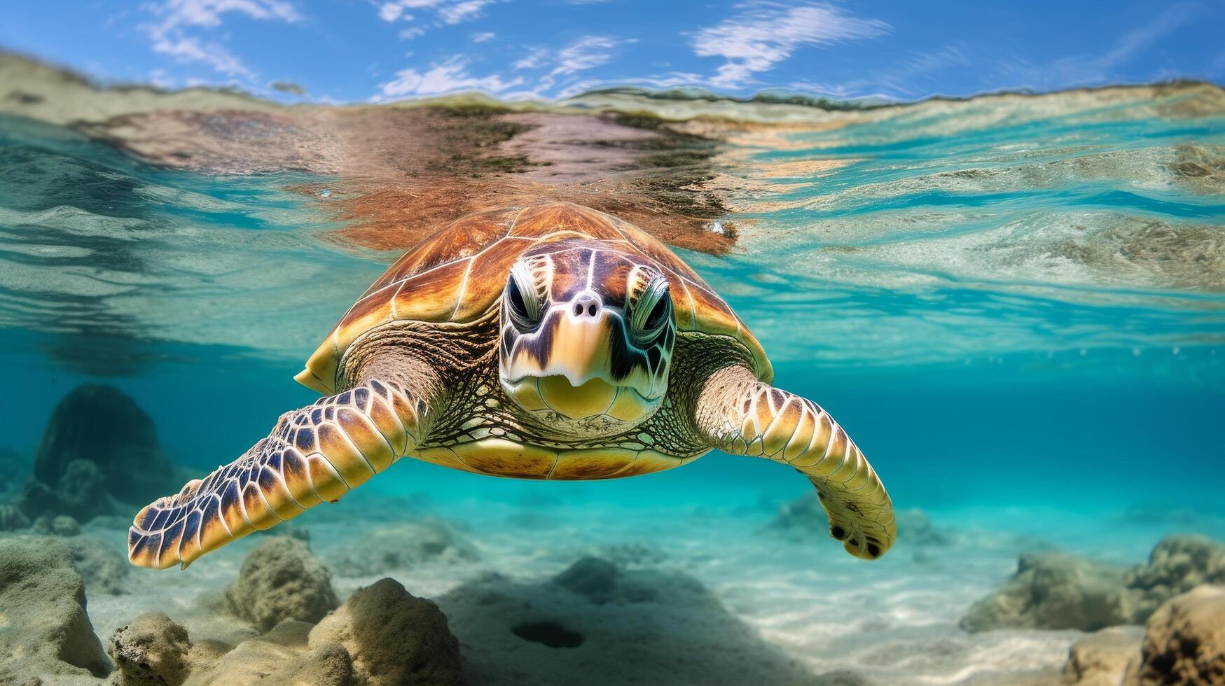 Colorful sea turtle swimming underwater photo