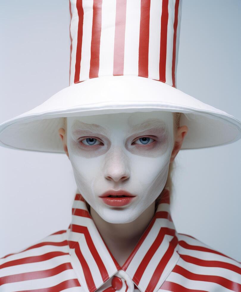 striking portrait of a person in a striped outfit and white hat photo