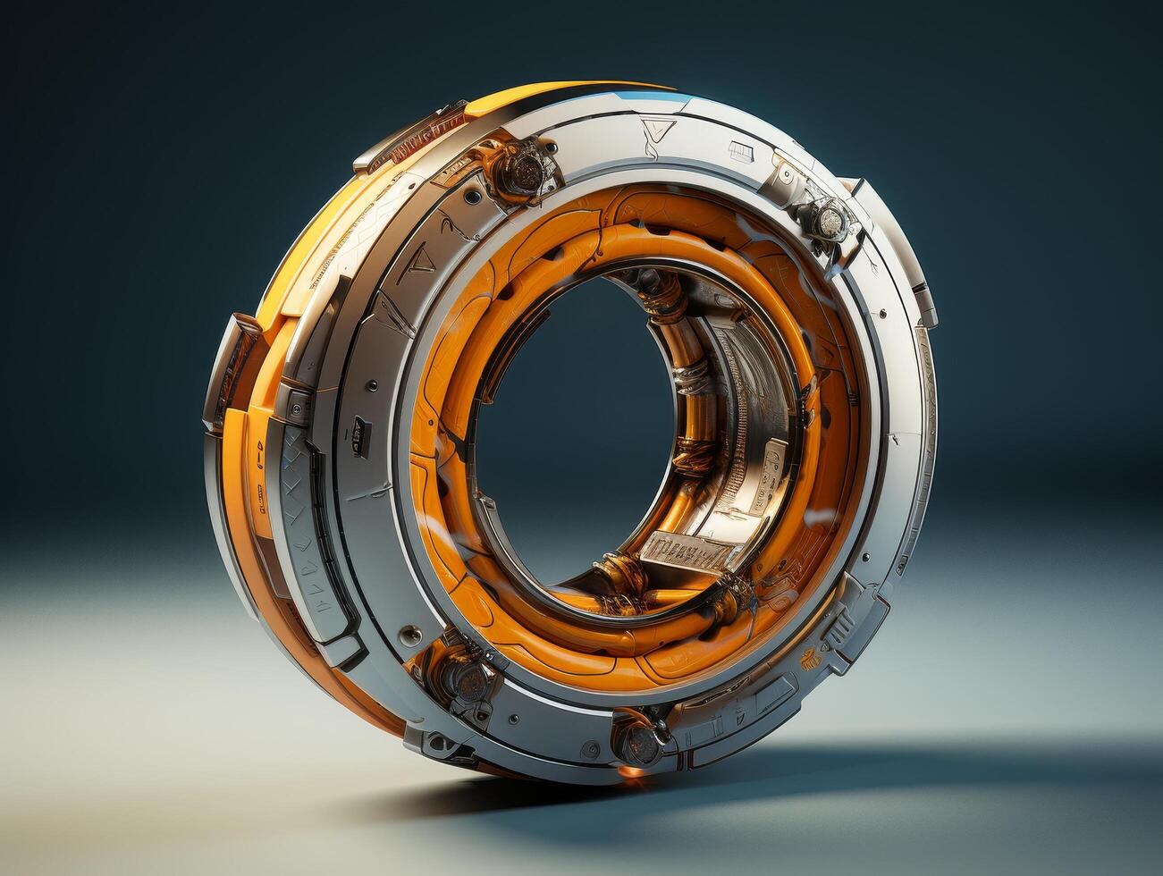 Intricate mechanical device with orange and silver components photo