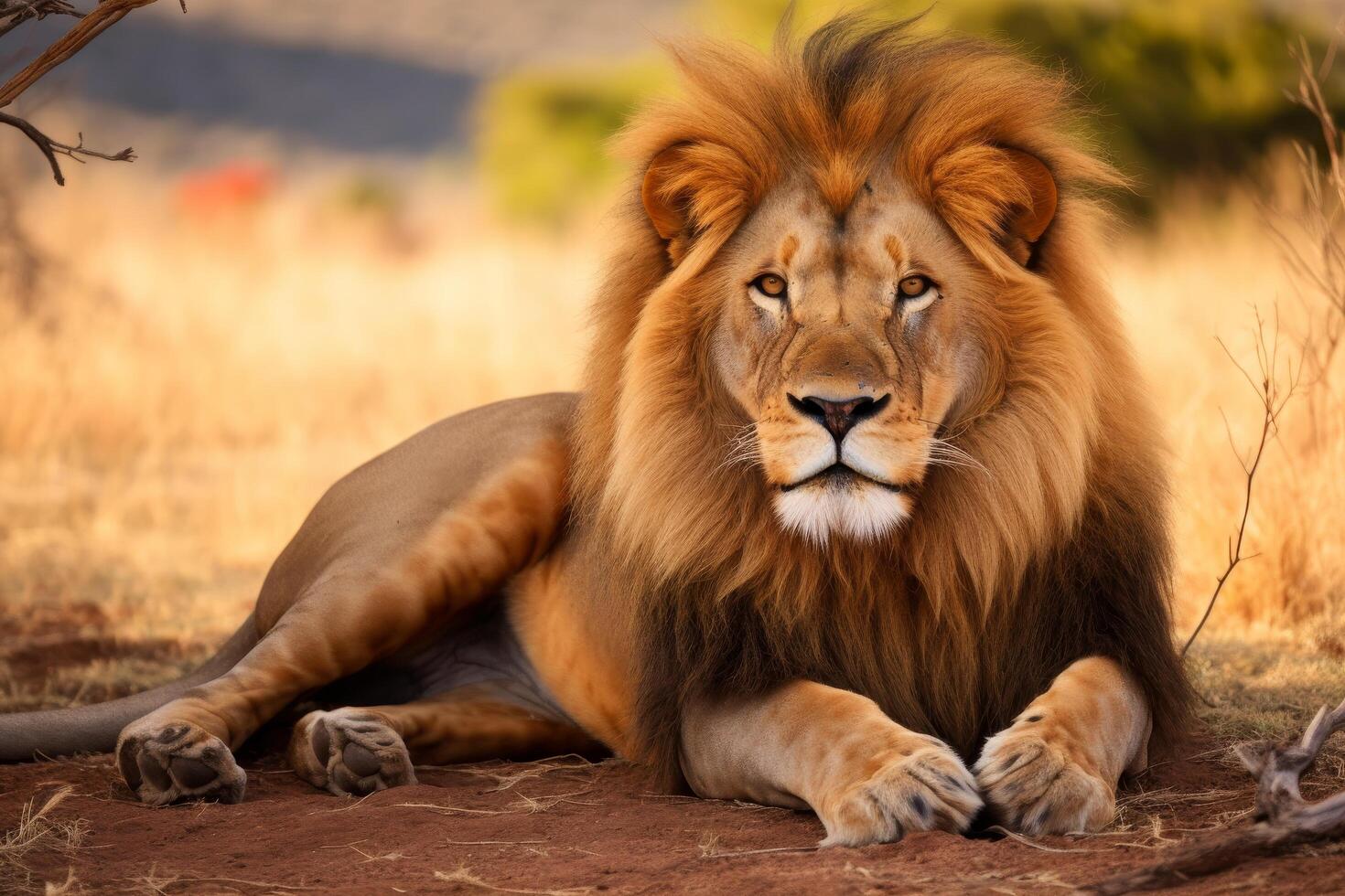 Majestic lion resting in the savanna photo
