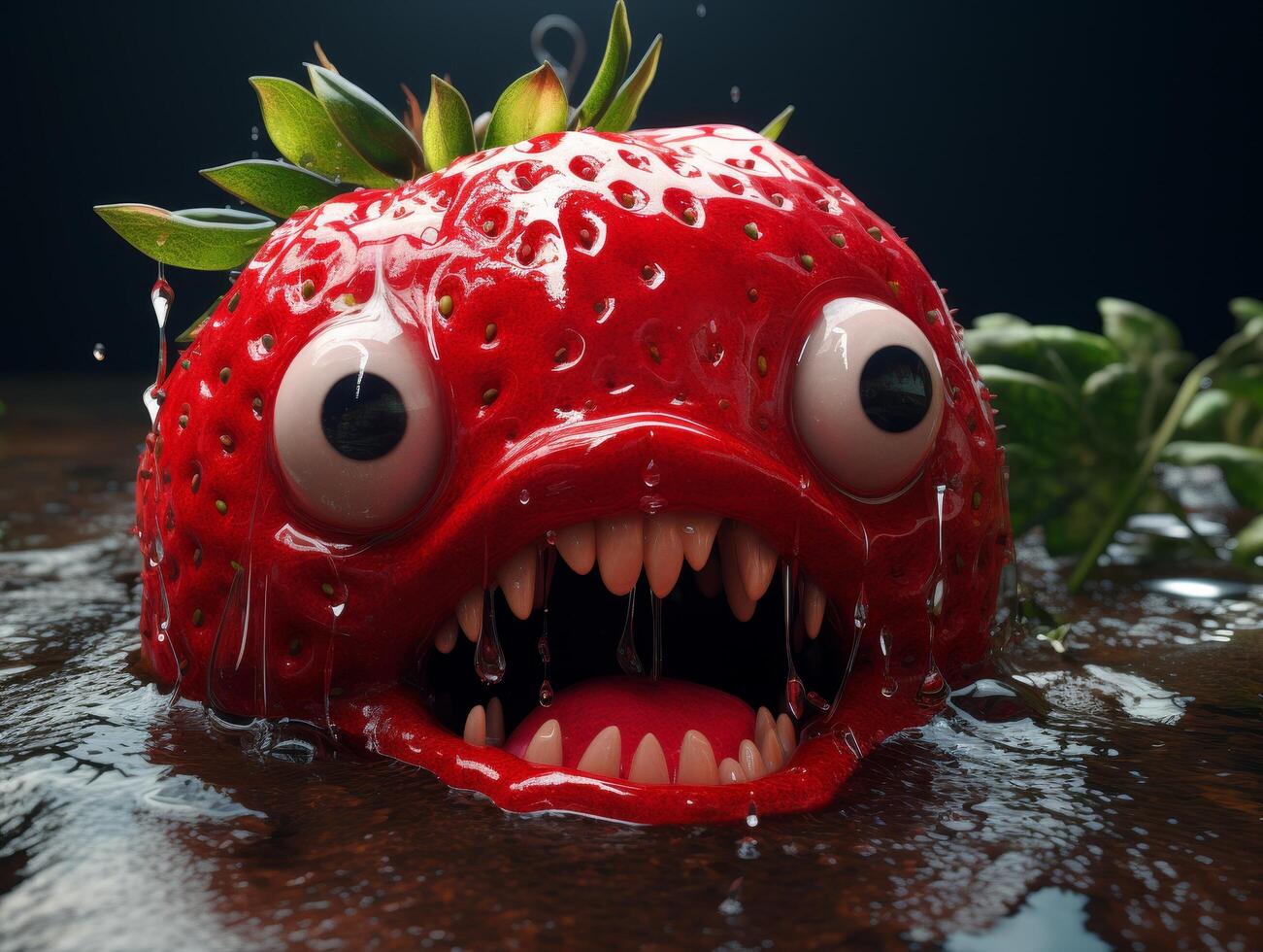 Monstrous strawberry with large eyes and sharp teeth photo