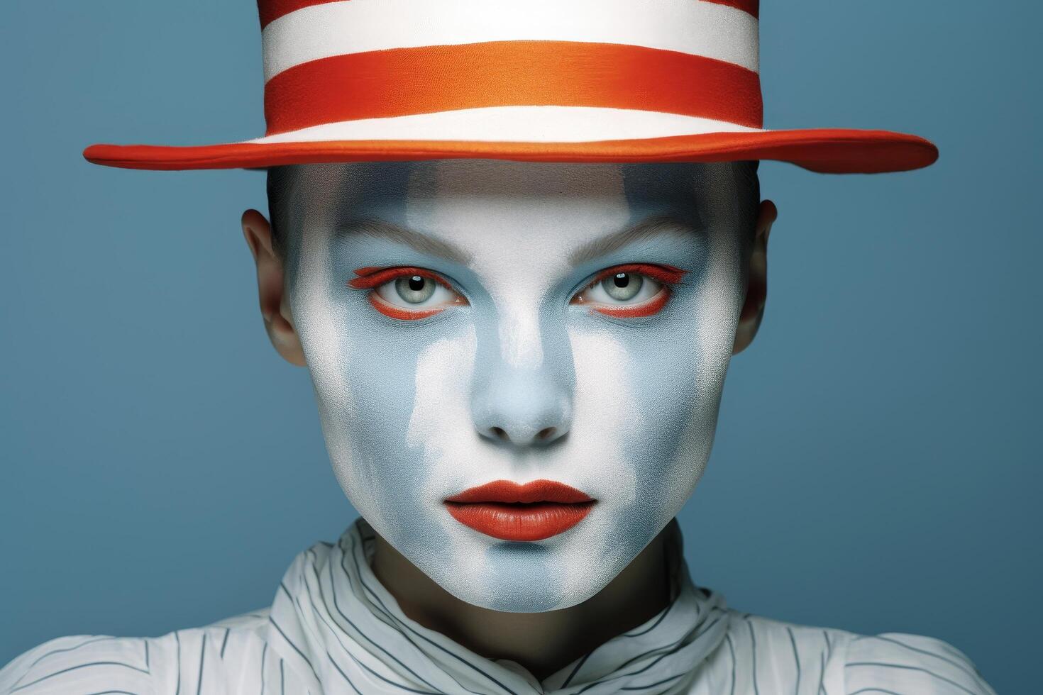 Striking portrait of a person with dramatic makeup and a bold red hat photo