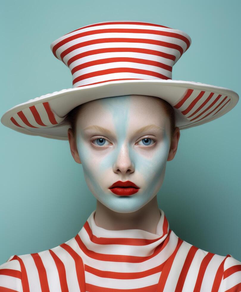 striking portrait of a model wearing a bold striped hat and outfit photo