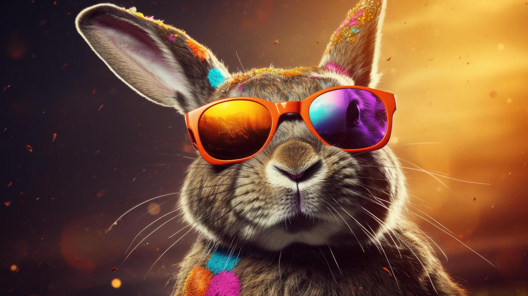 Colorful rabbit wearing sunglasses photo