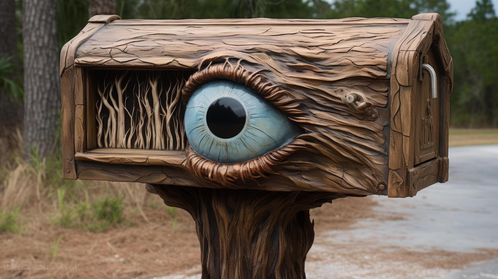Carved wooden eye sculpture in nature photo