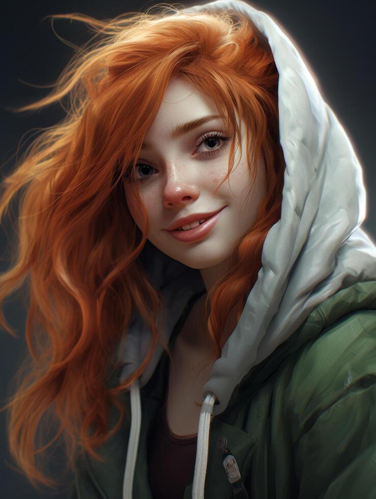 Captivating redhead in a hooded jacket photo