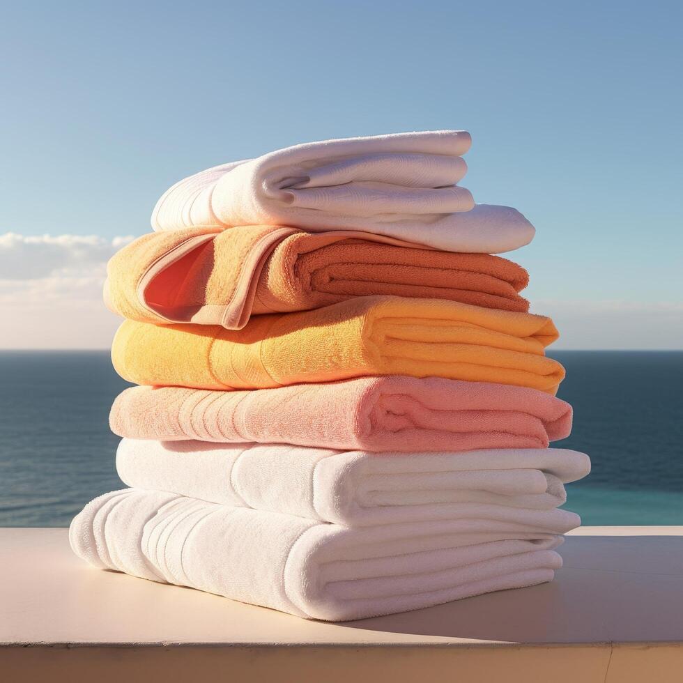 Neatly folded towels in various pastel colors photo