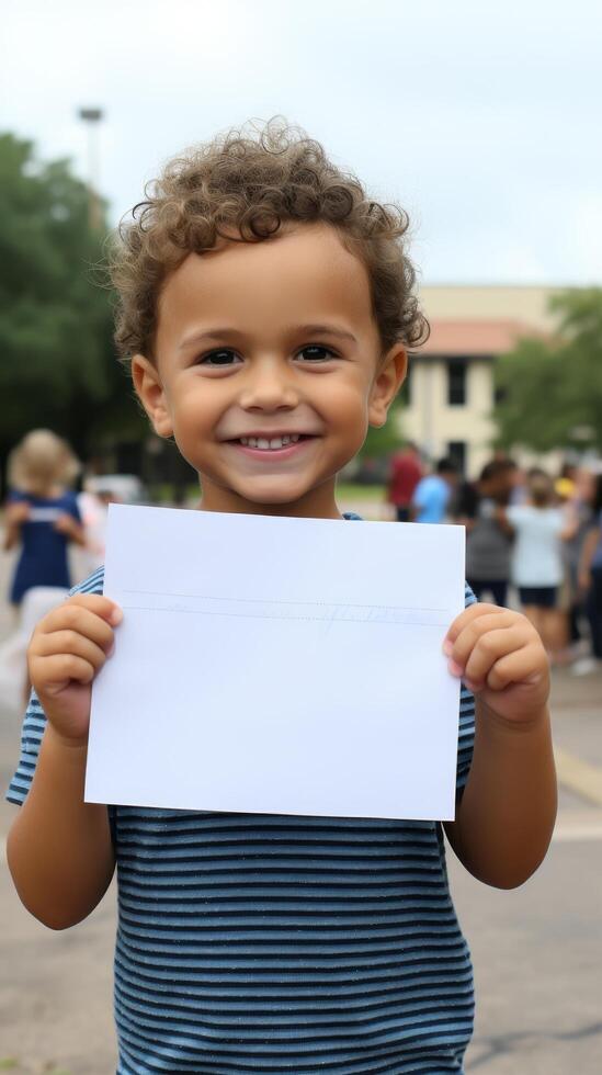 smiling child holding blank sign photo