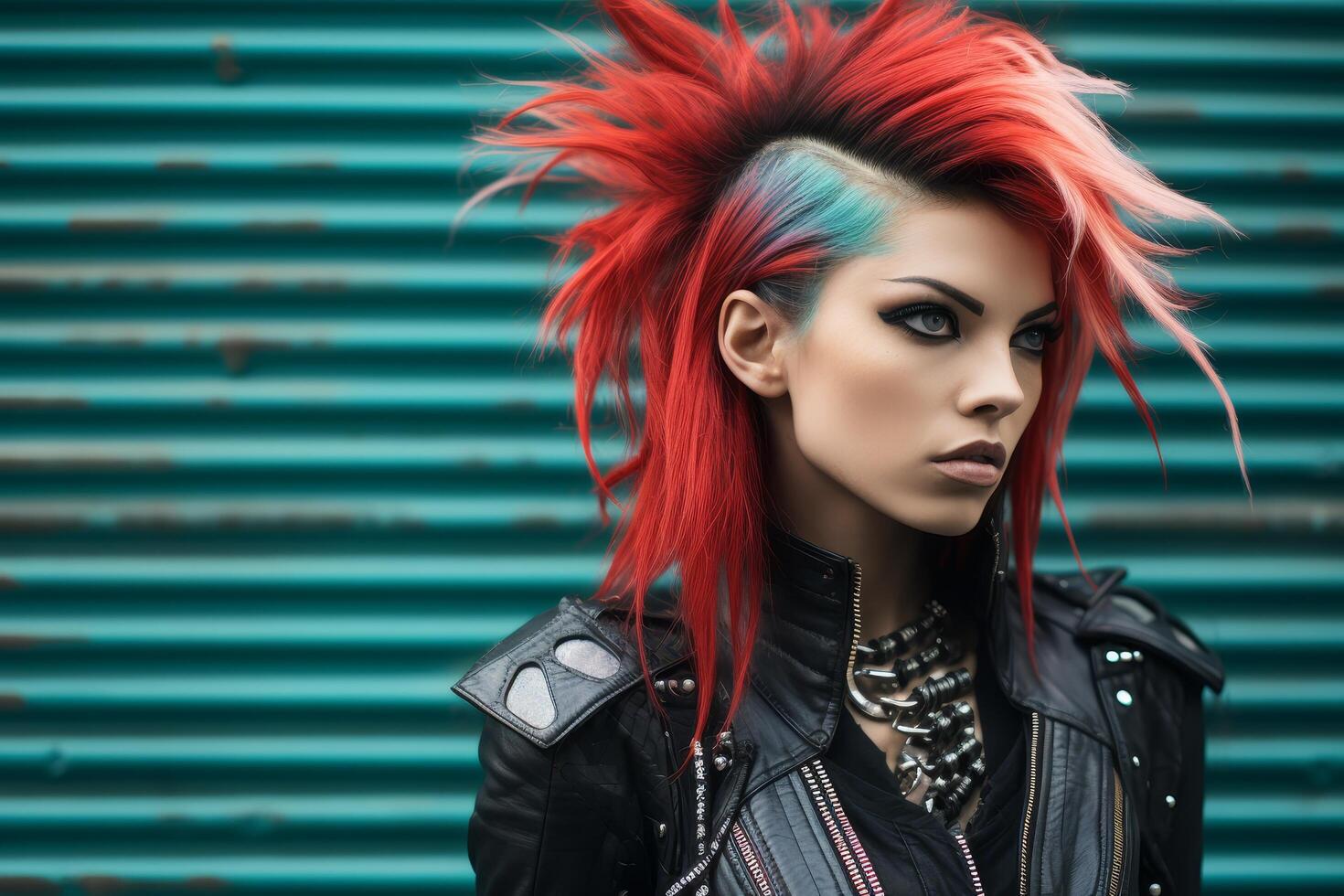 Punk rock woman with vibrant red hair photo