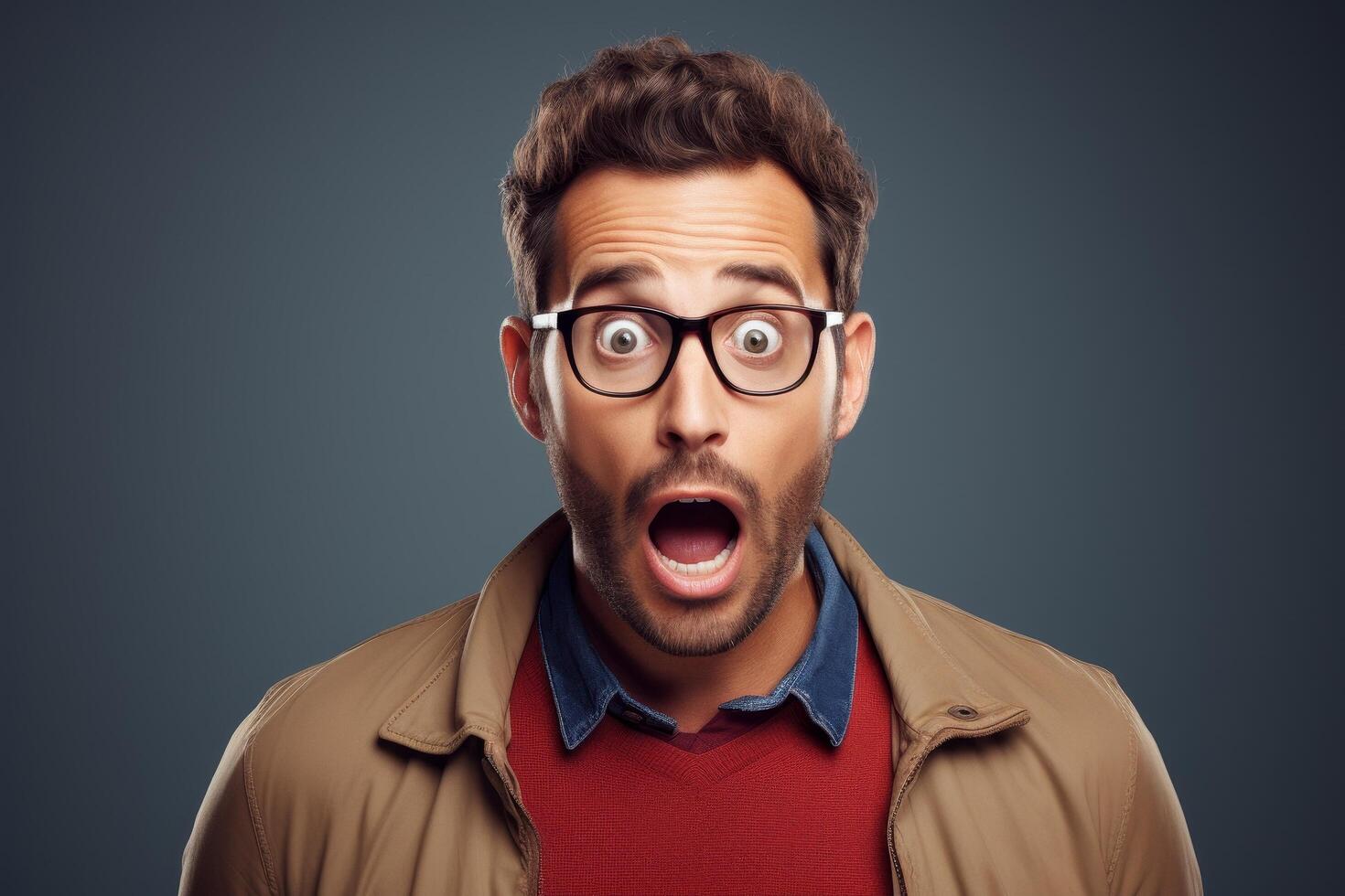 Surprised man in glasses with shocked expression photo