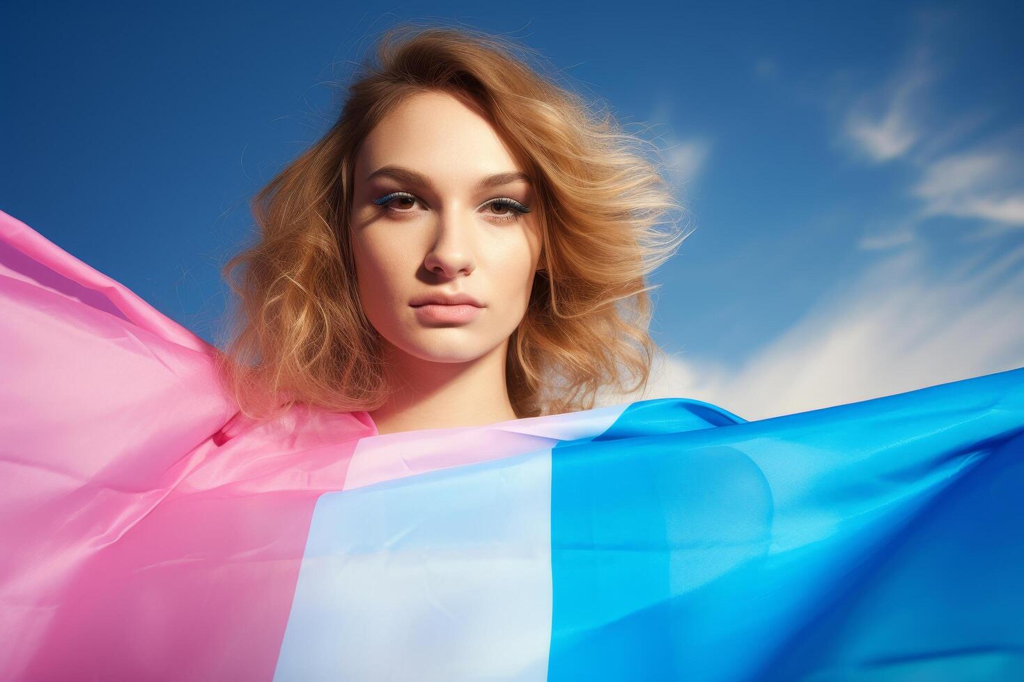 Vibrant woman with flowing hair and colorful fabric photo