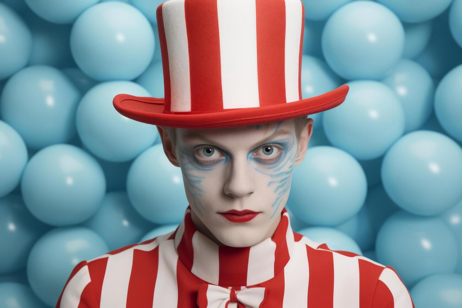 Colorful portrait of a person in a striped costume and red hat photo
