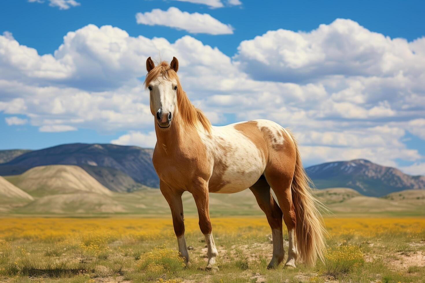 beautiful horse standing in field with mountains photo