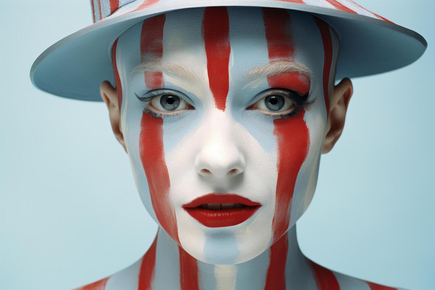 Striking face paint portrait of a person with bold red and white stripes photo