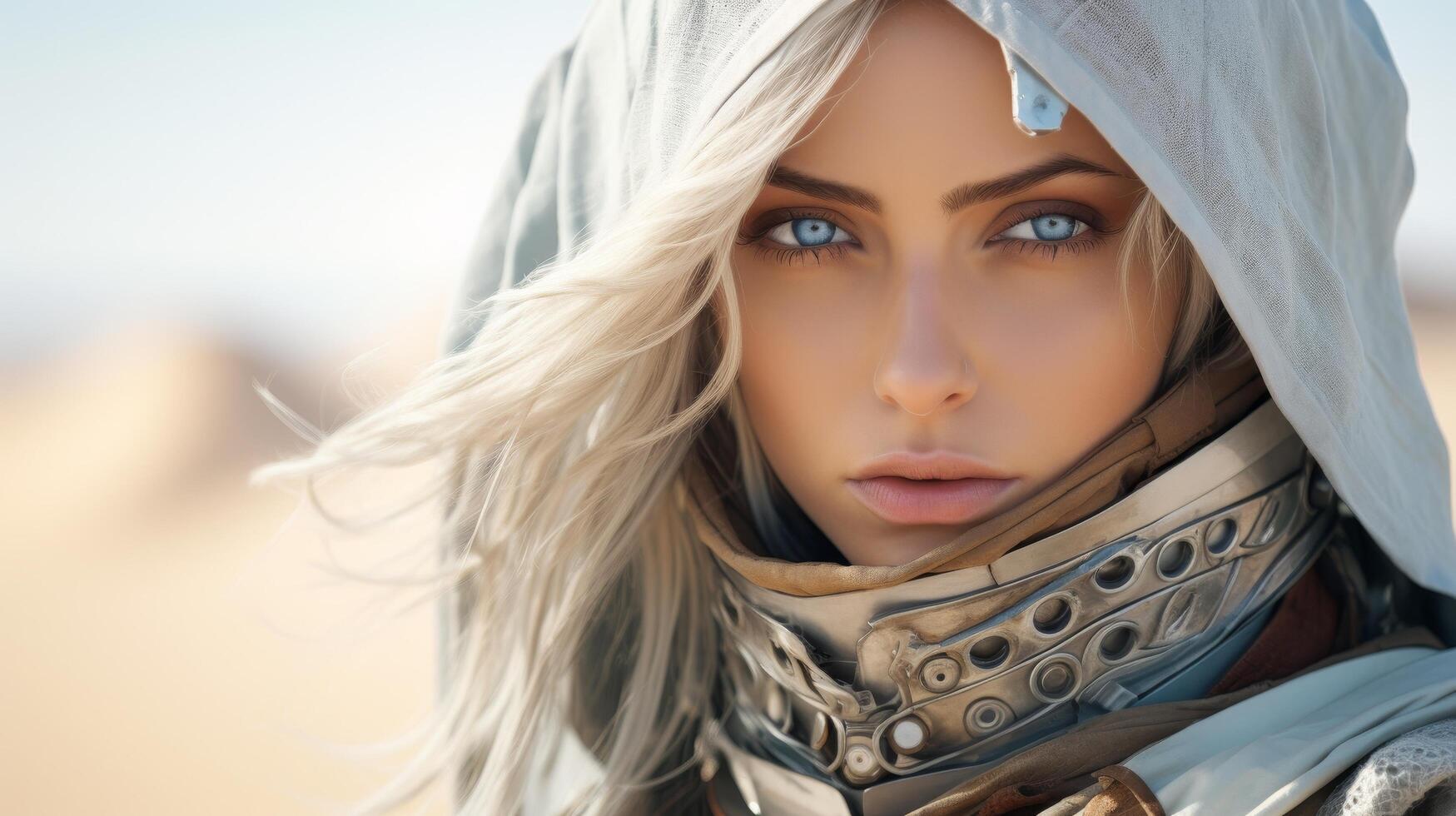 Mysterious woman in desert landscape photo