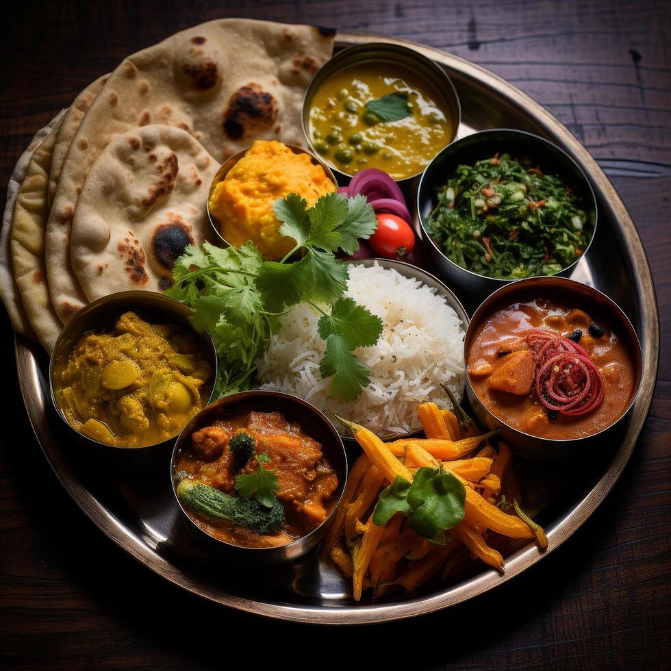 Delicious Indian thali meal with various curries, rice, and naan bread photo