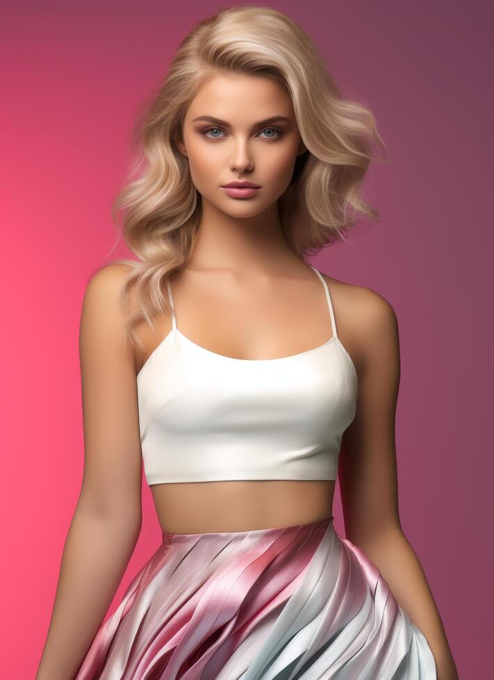 Glamorous blonde woman in white crop top and flowing pink skirt photo