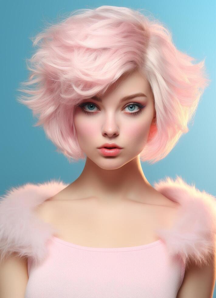 Vibrant pink haired woman with striking makeup photo