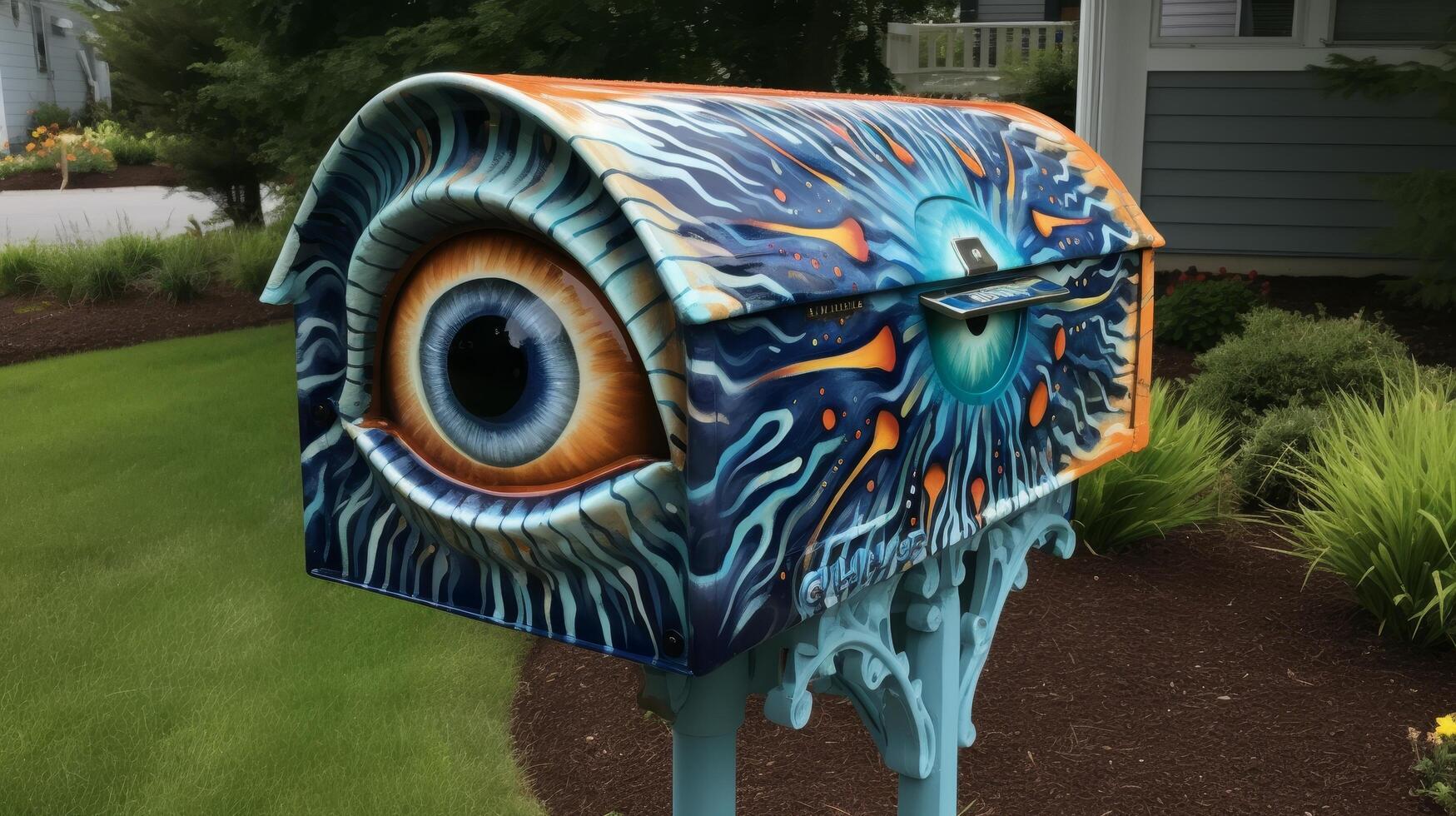 Vibrant painted mailbox with abstract ocean inspired design photo