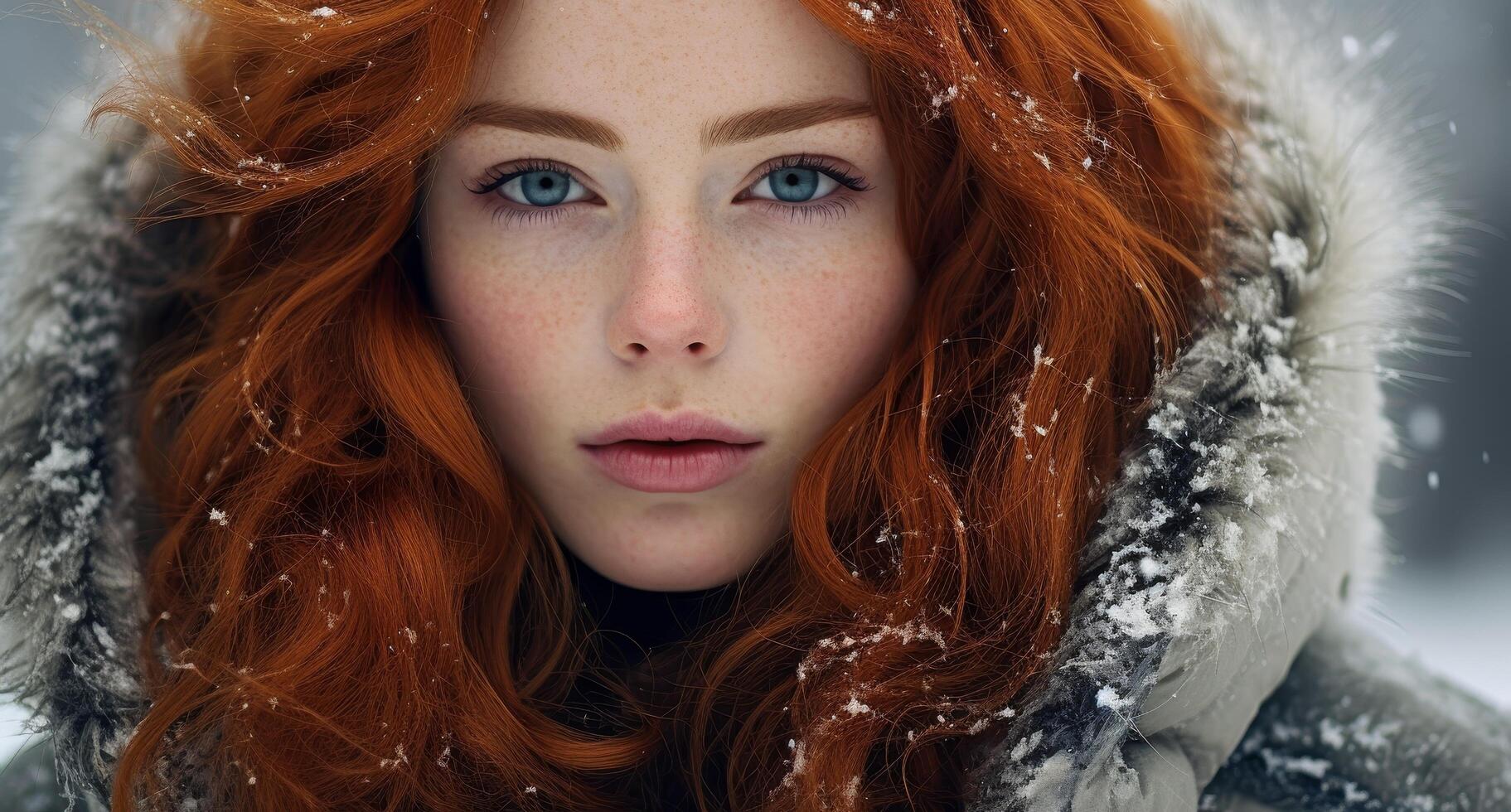 Redheaded woman in winter coat with snow photo