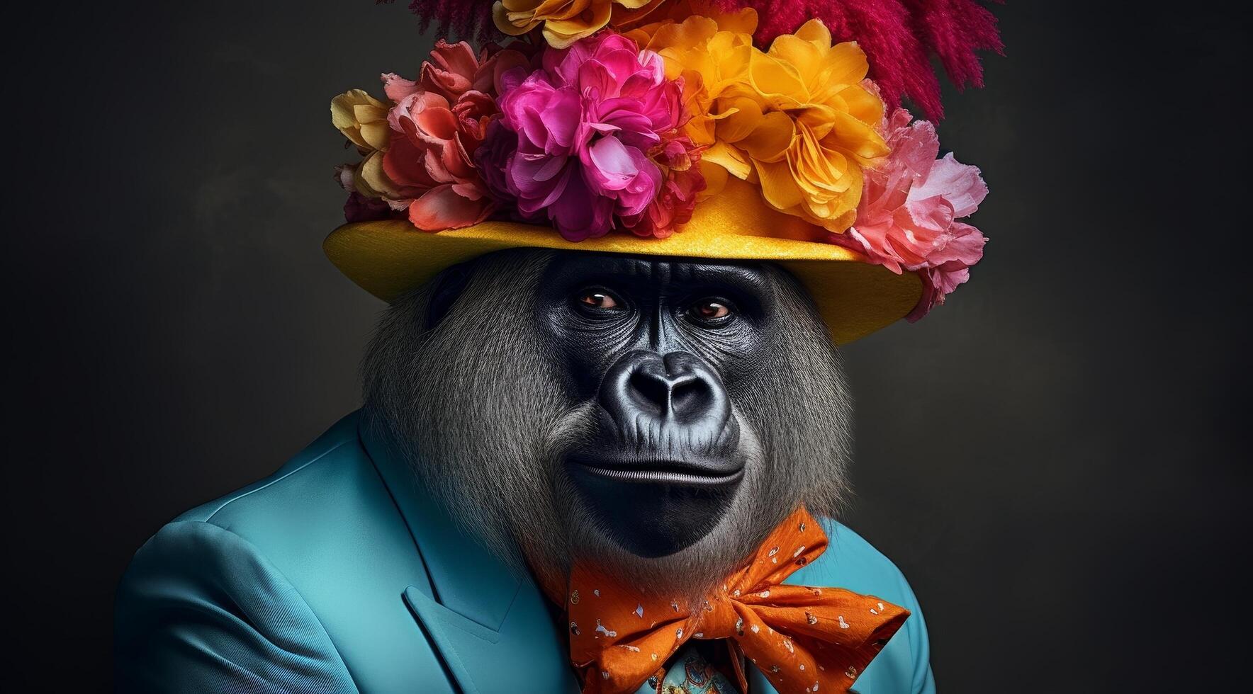 Stylish gorilla in colorful floral hat photo