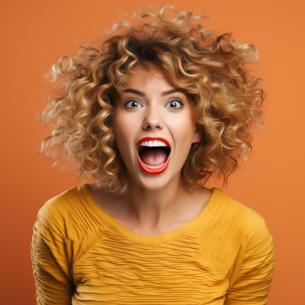 Energetic woman with curly hair expressing excitement photo