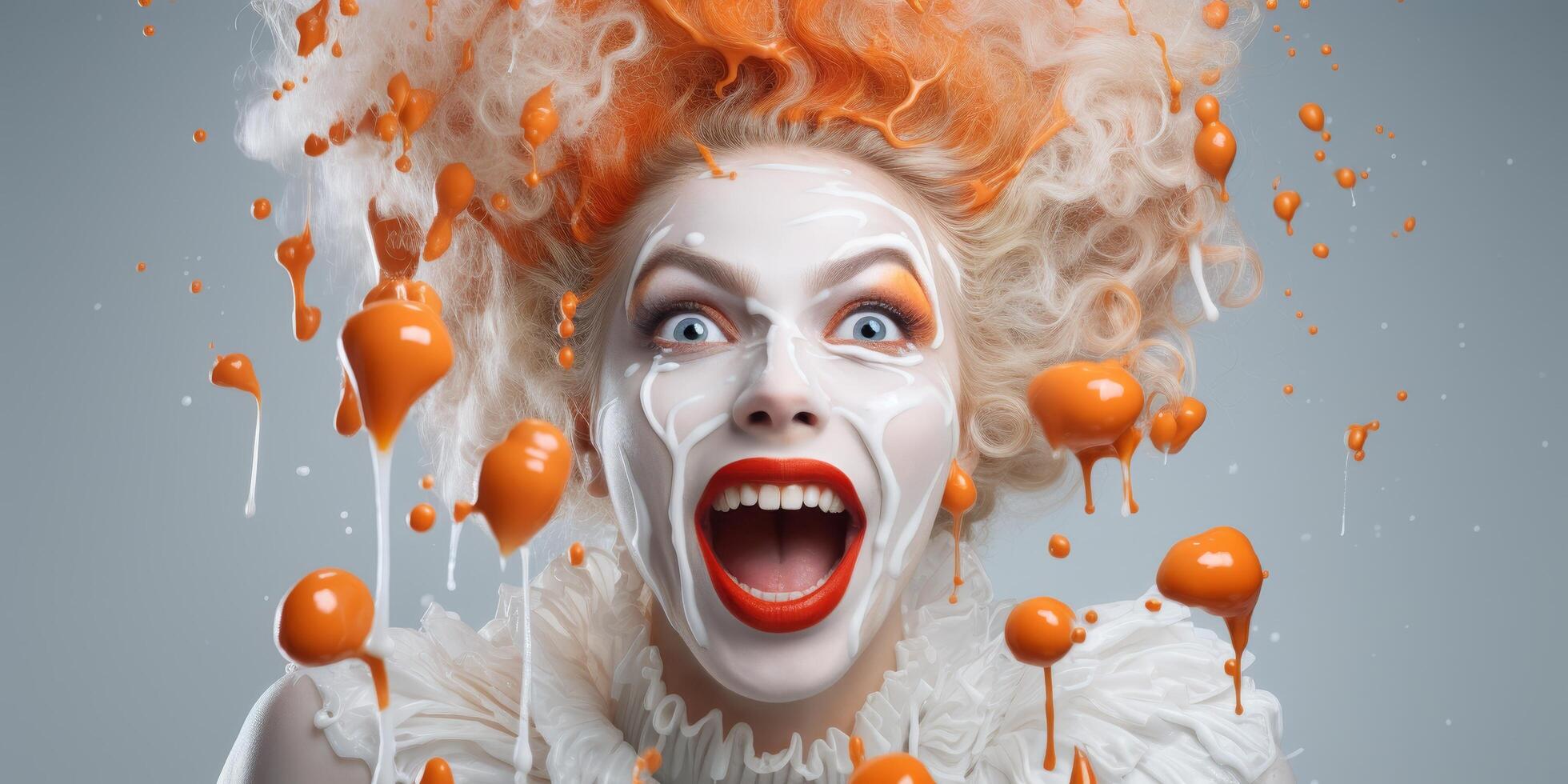 Dramatic portrait of a clown with wild orange hair and makeup photo