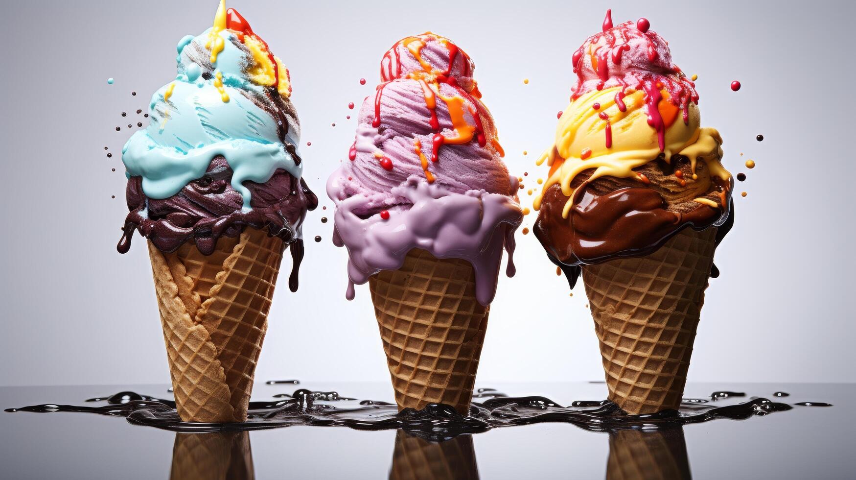 Colorful ice cream cones with dripping toppings photo