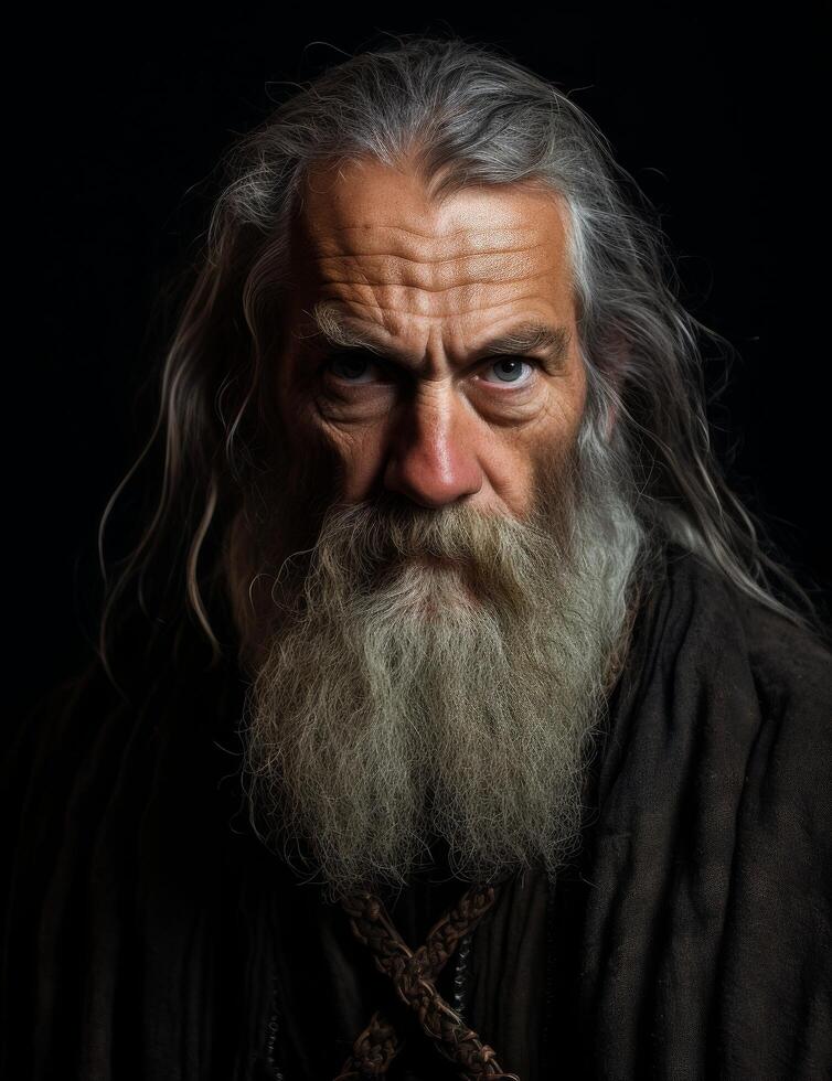 Mysterious old man with long gray beard and intense gaze photo