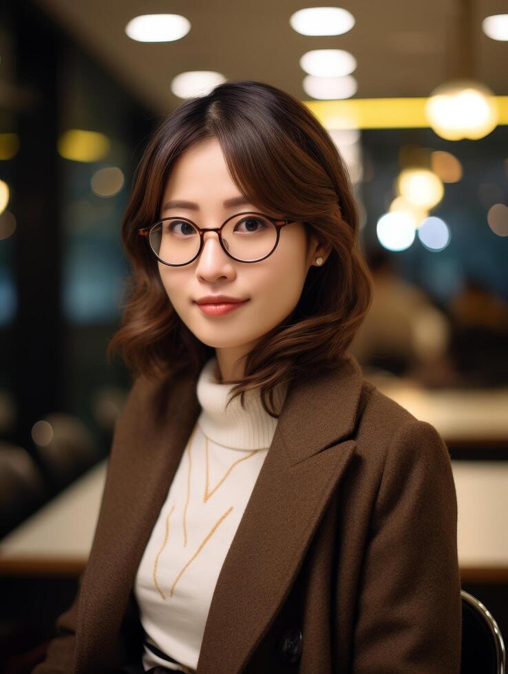 young asian woman in glasses and coat photo