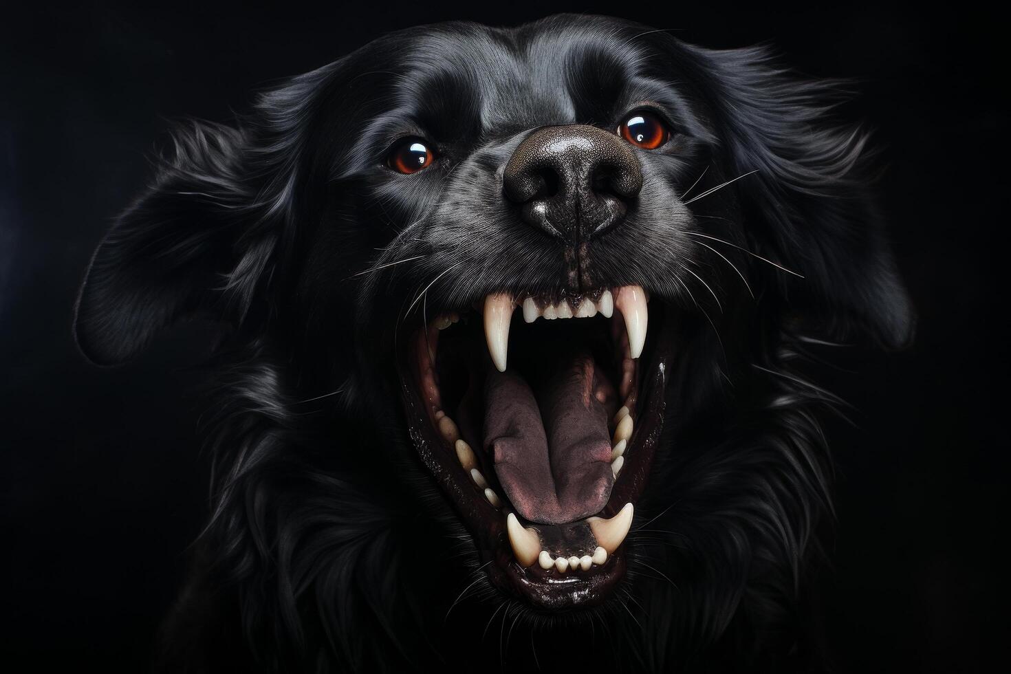 Fierce black dog with sharp teeth baring fangs photo