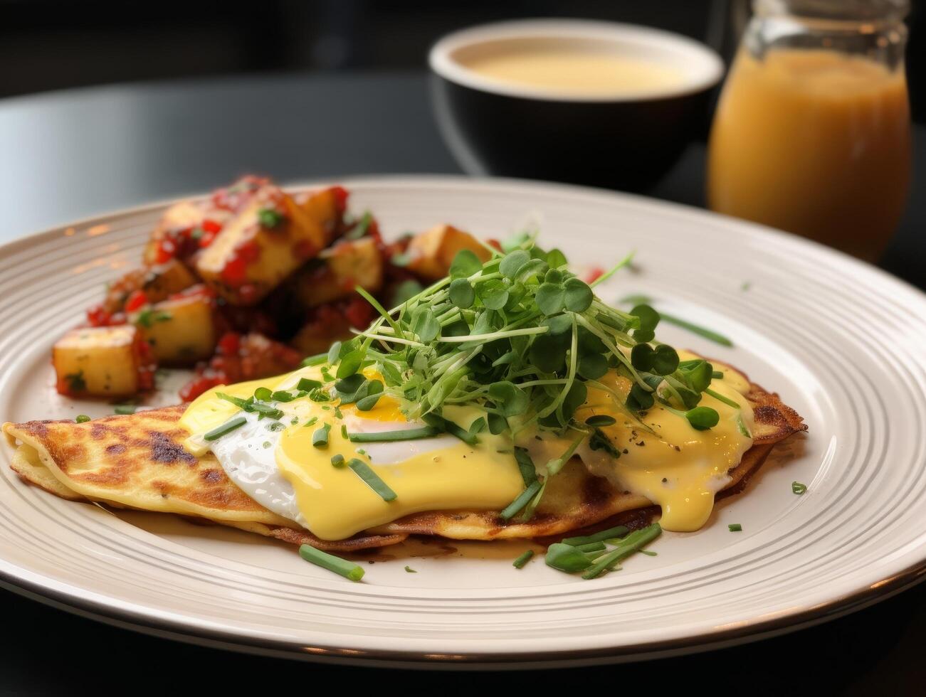 Delicious breakfast plate with eggs, potatoes, and fresh greens photo
