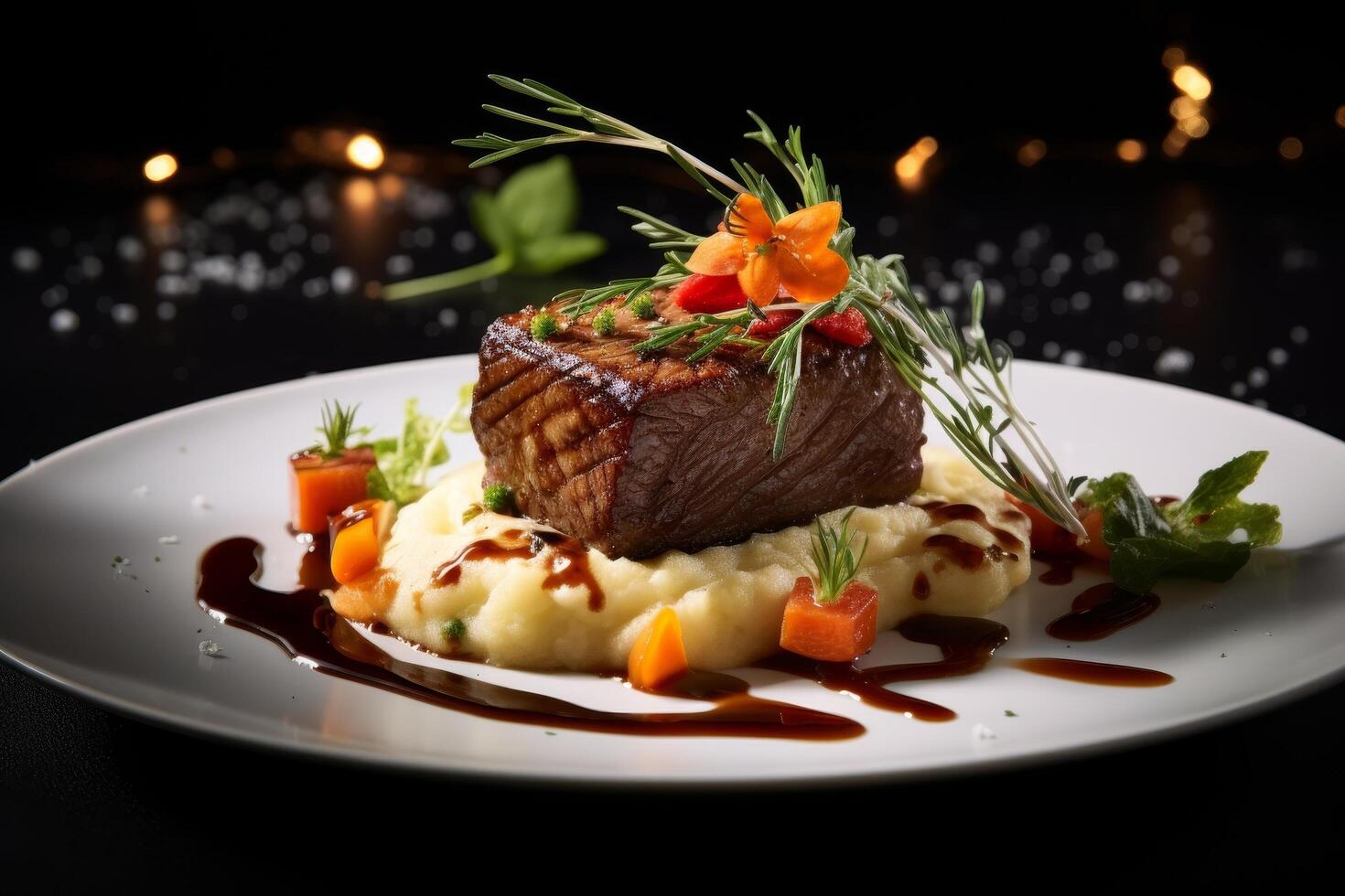 Gourmet steak dish with mashed potatoes and garnish photo
